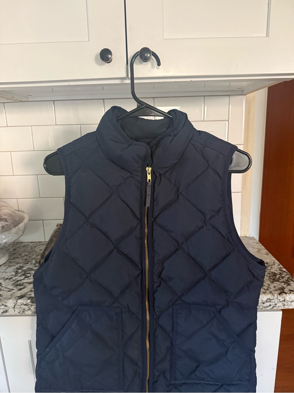 J. Crew Navy Quilted Sleeveless Puffer Vest with Gold Zip
